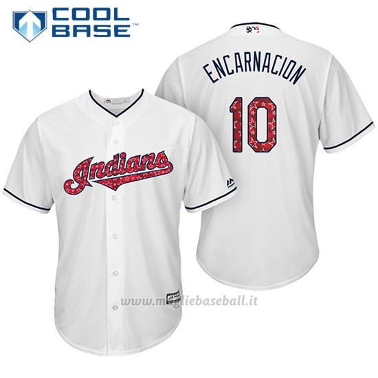 Maglia Baseball Uomo Cleveland Indians 2017 Estrellas y Rayas 10 Edwin Encarnacion Bianco Cool Base